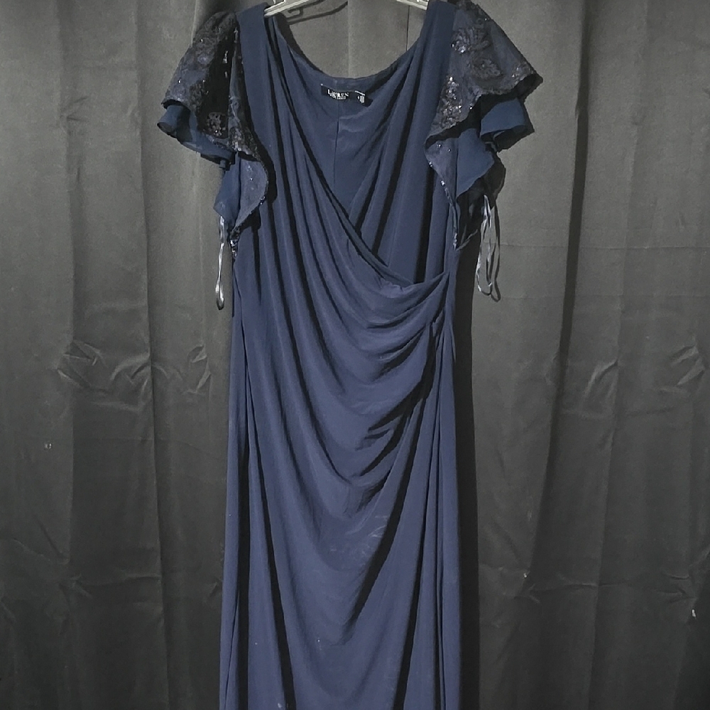 Ralph Lauren Navy Maxi Dress with Lace Sleeves